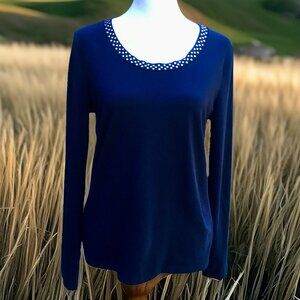 Jones New York Navy Long Sleeve Top Studded Scoop Neck Cotton Stretch (Sz Lg)